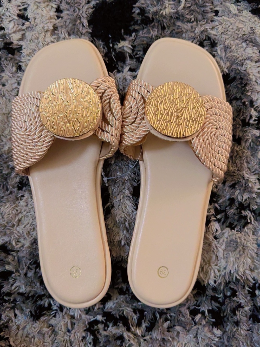 Braided Nude Slide Sandals with Textured Gold Medallion